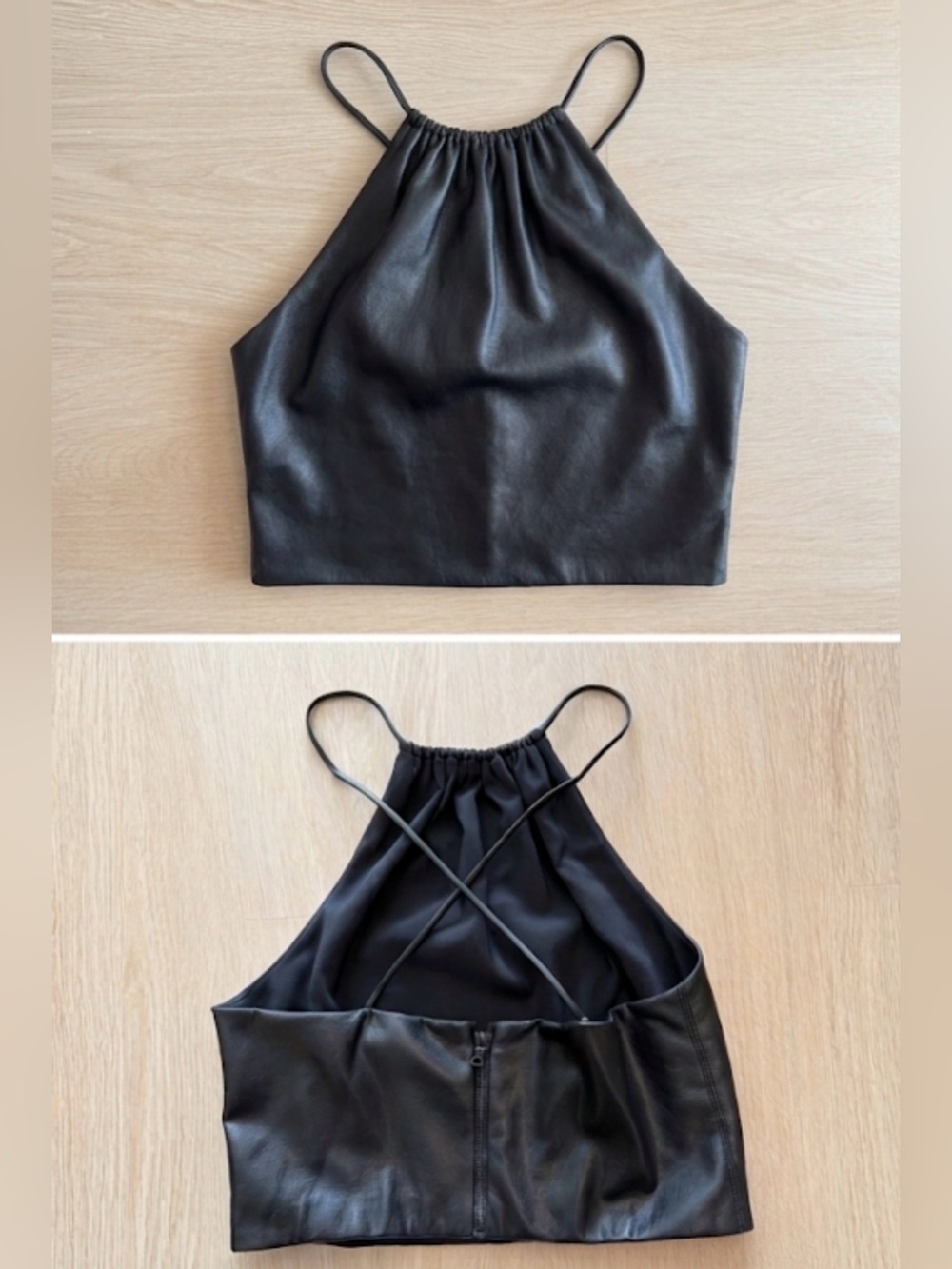 Alice + Olivia Zumi Vegan Leather Black Halter Top